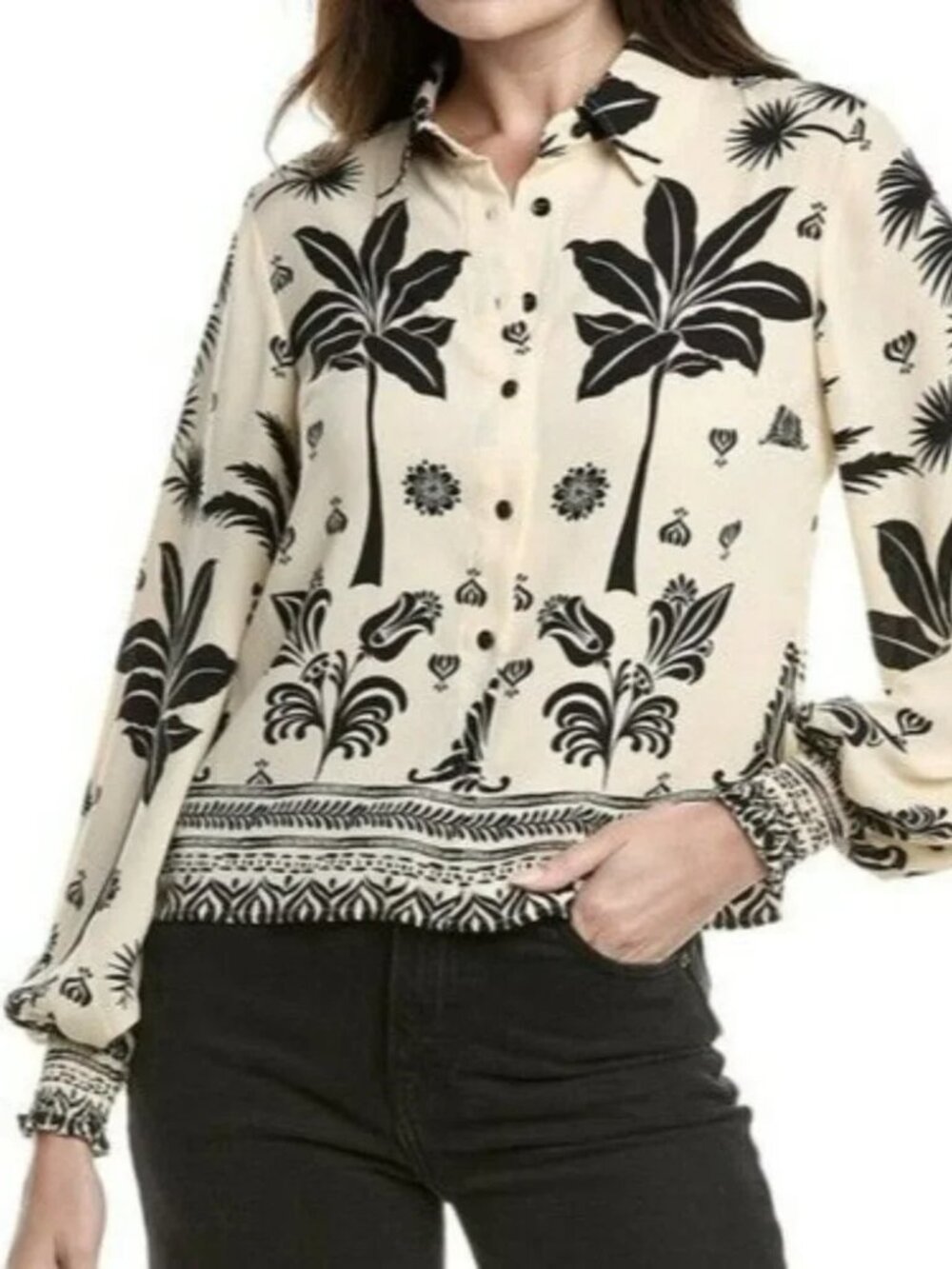 CABI Marrakesh Blouse Cream Black palm tropical floral borders  Sz M #6625 - Picture 2 of 13